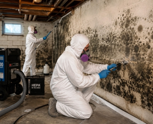 Basement mold removal services in process