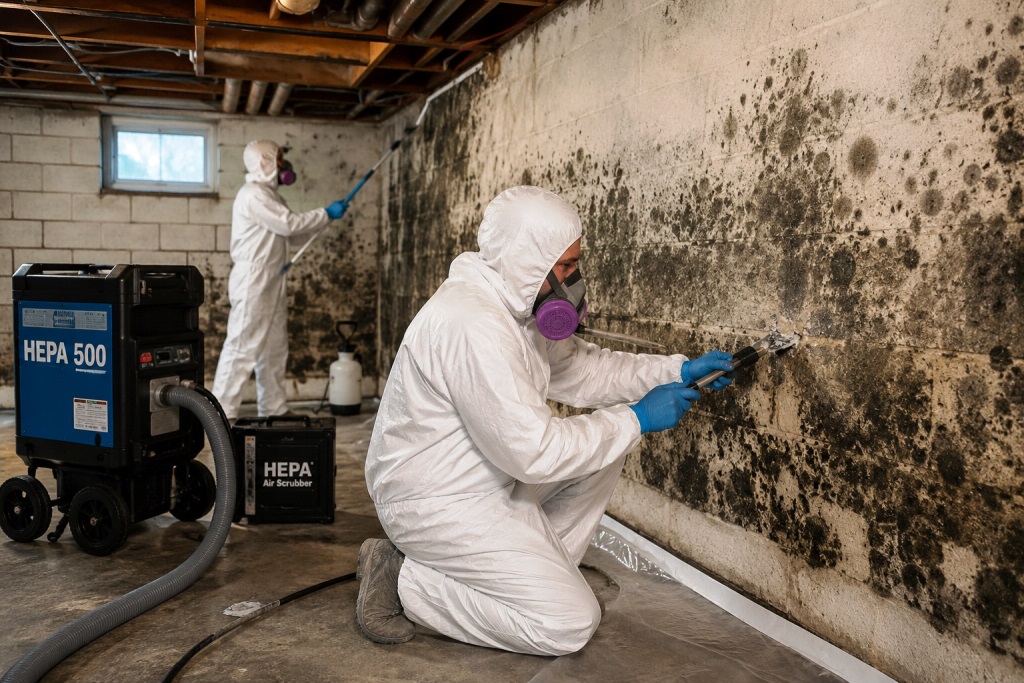 Basement mold removal services in process