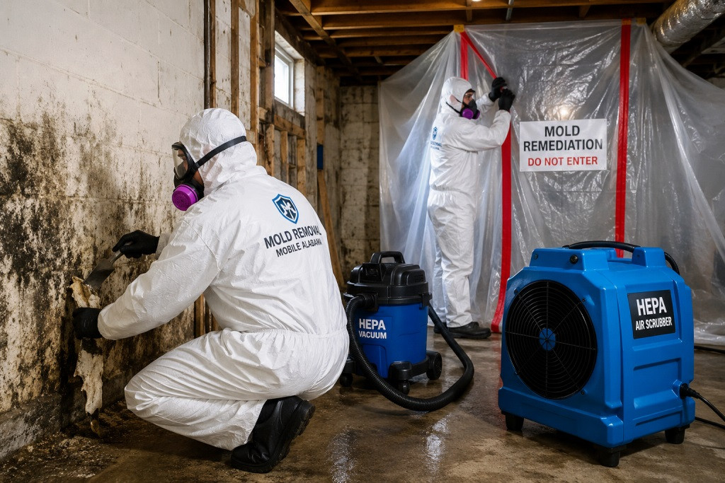 Technicians performing basement mold removal and remediation